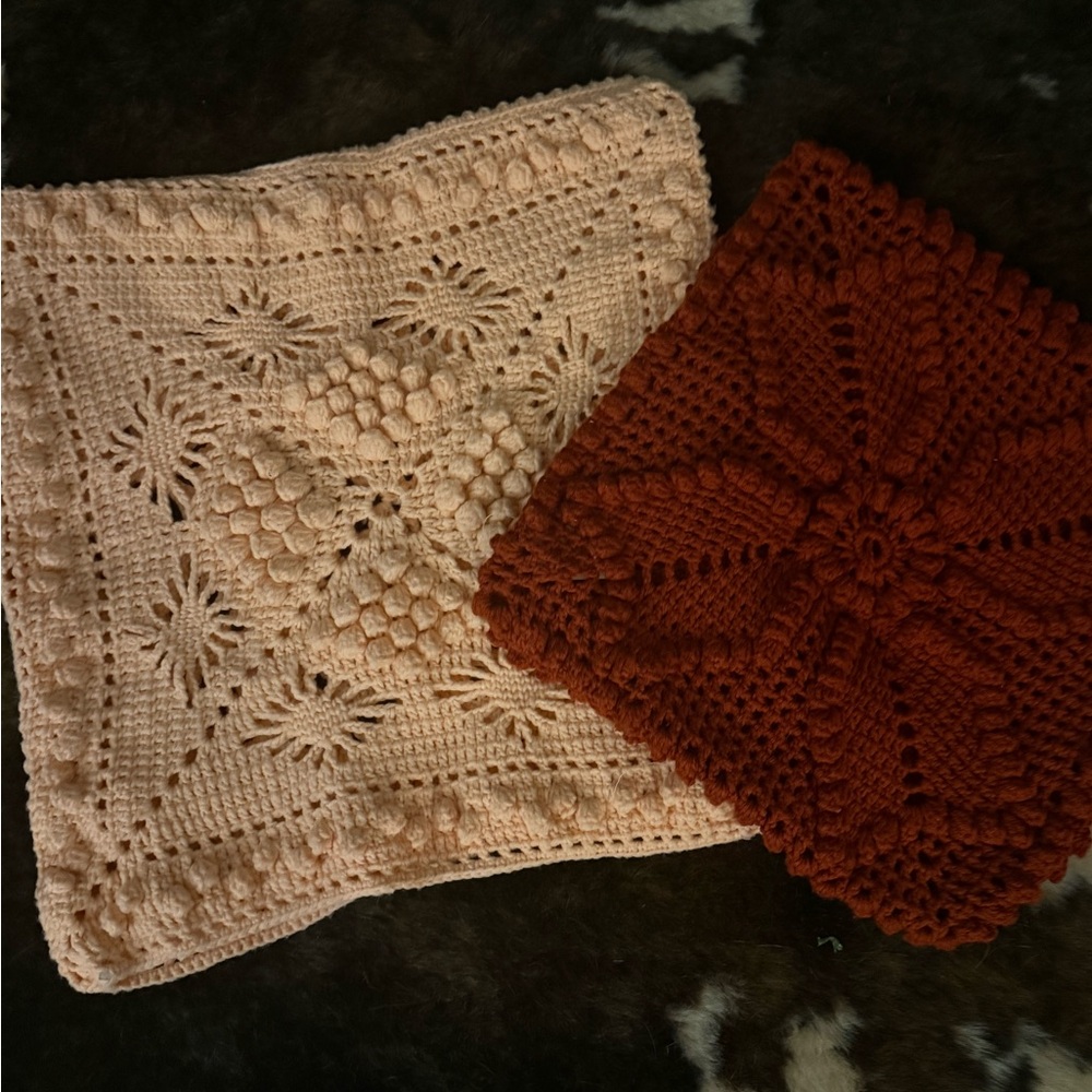 Handmade Boho Crochet Pillow Covers in Pink  and Rust